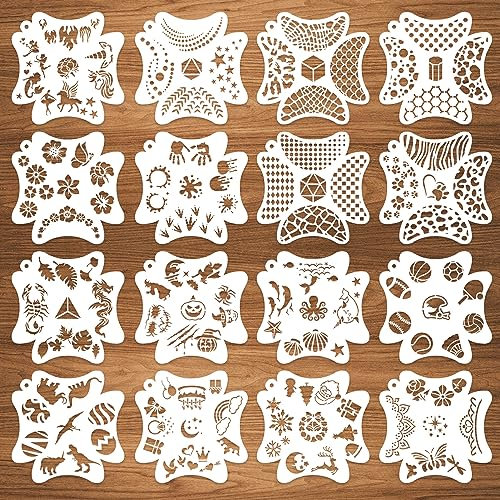 16 Pcs Face Paint Stencils, 121 Patterns Body Facial Painting Stencils, wiederverwendbare Mermaid Scale Tattoo Stencils Makeup Kit Face Tracing Stencils für Weihnachten Urlaub Halloween Party