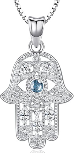 Aniu Fatima Hand Kette Silber 925 Hamsa Hand Kette für Damen und Blaue Auge Fatima Hand Anhänger mit Zirkon Halsketten Fatimas Hand Schmuck für Damen Mädchen