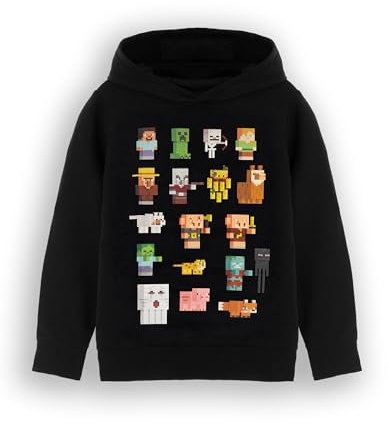 Minecraft Boys Hooded Sweatshirt | Kids & Teens Black Graphic Hoodie | Game Sprites Jumper Steve, Creeper, Skeleton, Zombie, Villager & More | Gaming Villain Sweater | Gamer Daywear Merchandise Gift