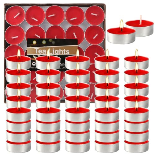 50Pièces Bougies Chauffe-Plat Non Parfumées Rouge Ø39mm Lot Bougies Sans Parfum Odeur Bougies Tea Light Rouge Candele La Saint Valentin Decorative Senza Profumo pour Mariage Fête Anniversaire