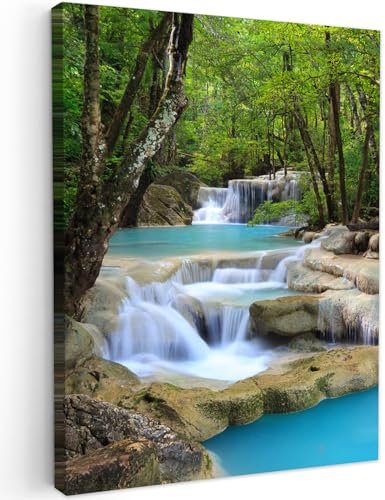 MuchoWow© Impressions sur Toile 50x70 cm Deco Tableau Murale Decoration Salon Peinture Tableaux Chambre Toiles Maison Cascade - Nature - Forêt - Rivière - Bleu - Vert
