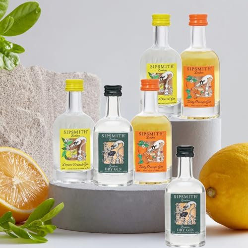 Gin Miniature Bottles Tasting Set - 6 x Sipsmith Flavoured Miniatures Alcohol Bottles 5cl - 2 x Lemon Drizzle, 2 x Dry & 2 x Zesty Orange Gift with Card. Perfect Gift Set for Gin Lovers!