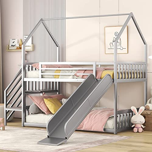 Favfurish Home Shape Metal Bunk Bed with Slide and Staircase, No Need Box Spring, Easy to Install, for Kids, Girls, Boys, Silver