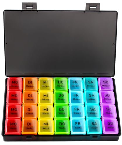 OBSGUMU Tablettenbox 7 Tage Morgens Mittags Abends, Medikamentenbox, Tragbar Tablettendose 4 Fächer Eignen Pillendose für Kinder, Ältere Menschen zur Aufbewahrung von Medikamenten
