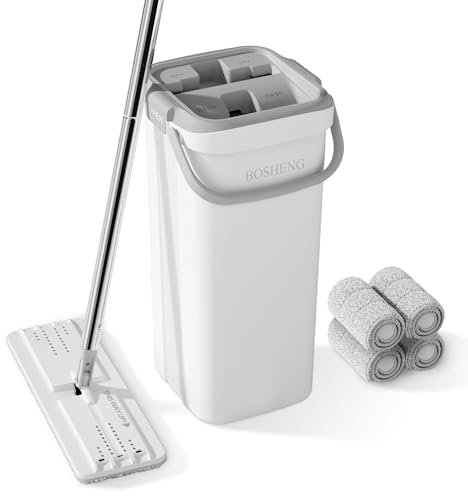 BOSHENG Trapeador y cubo con juego de escurridor, fregona plana y cubo, con mango largo y 4 almohadillas reutilizables de microfibra, uso húmedo y seco para limpieza del hogar y limpieza de suelos