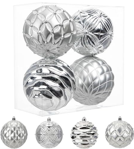 Ø10cm 4er-Set Weihnachtskugeln Christbaumschmuck Große Weihnachtskugeln Kunststoff Weihnachtsdeko Weihnachtsbaum Dekoration Set für Weihnachtsbaum Christbaumkugeln, Silber