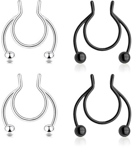LuLiyLdJ 4er-Pack gefälschter durchbohrter Nasenring, gefälschtes Septum-Piercing, nicht durchbohrte Ohren, Lippenpiercing-Ring, nicht durchbohrter Nasenclip-Schmuck für Männer und Frauen