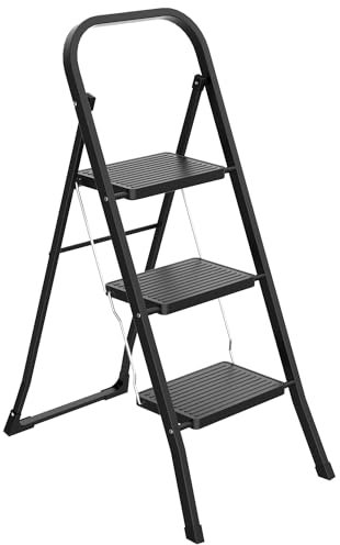 Scala scaletta pieghevole in acciaio nera total black 3 gradini grandi comodi portata 150 kg da lavoro per casa fai da te