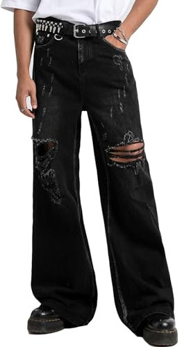 COOLMONAR Men's Baggy Jeans Ripped Black Wide Leg Distressed Destroyed Jean Denim Pants, Black, XL