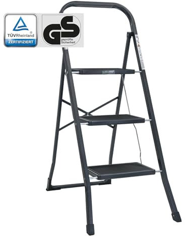 TRUTZHOLM Trittleiter 2 oder 3 Stufen klappbar TÜV/GS Zertifiziert 150 kg Klappleiter Anti-Rutsch Trittflächen & Sicherheitsverriegelung Klapptritt Haushaltstritt Stahl Leiter (Anthrazit, 3 Stufen)