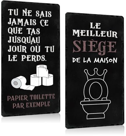 Lot de 2 - Decoration Murale Toilettes en Plaque Metal - Panneau Vintage avec Humour Citation Français - WC Drôle Panneau Pancarte Pour Maison Salle de Bain 15x30cm