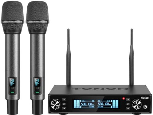 TONOR Mikrofon Kabellos Wiederaufladbares, Auto Scan, PRO-UHF Funkmikrofon Set, 2x100 Einstellbare Wireless Microphone, 6,35mm/3,5 mm, 80m Reichweite für Gesang Karaoke Kirche Party DJ, TW550