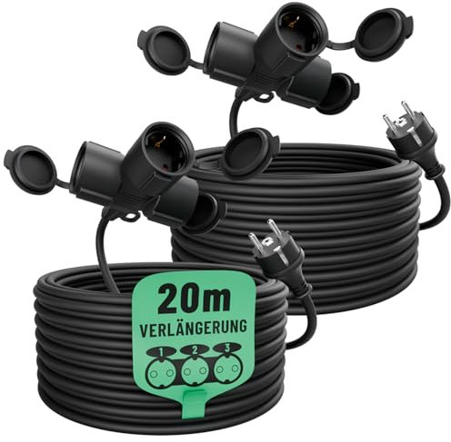 greate 2X 3fach Verlängerungskabel außen 20 Meter - Verlängerungskabel wasserdicht IP44 Aussenbereich - 3 Fach Mehrfachsteckdose Verlängerung draußen 20m 3500 W, Outdoor Extension Cord