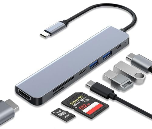 USB C Hub,7 in 1 USB C to 4K@60HZ HDMI Multiport Adapter, 2*USB 3.0 Ports,Type-C,SD/TF Card Reader, 100W PD, Desigend for iPhone/MacBook/Ipad/Laptop/Tablet and Other Type C Devices