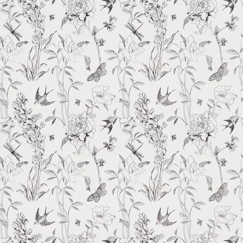 Selbstklebende Tapete Schwarz Weiß,44 x 1000cm Selbstklebende Tapete Blumen und Vögel Schmetterlinge Pflanzen Blume Tapete Klebefolie Blumen Möbelfolie Selbstklebend für Wohnzimmer Schlafzimmer Küche