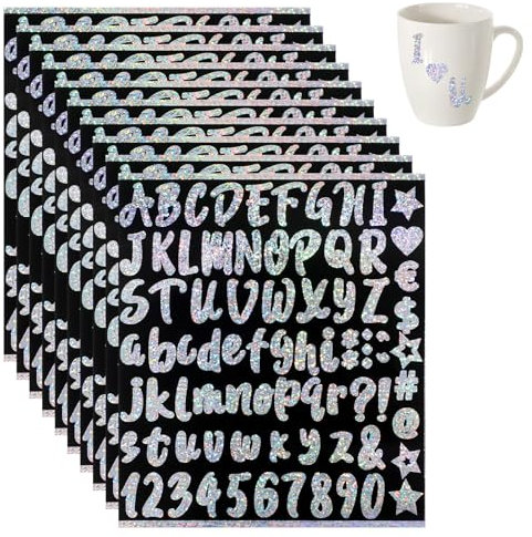 Giantree Vinyl Buchstaben Aufkleber, 10 Blätter Laser-Buchstabenaufkleber, Wasserfeste Glitzer-Buchstabenaufkleber Selbstklebende Zahlenaufkleber Bunte Sticker für Postfach Schilder DIY Scrapbooking