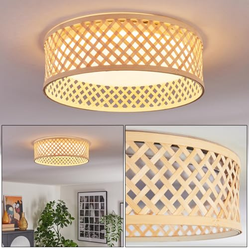 HOFSTEIN LED Deckenleuchte Barroco, Deckenlampe aus Metall/Bambus/Kunststoff in Weiß/Naturfarben, moderne Leuchte im Boho-Design, 16 Watt, 2000 Lumen, Esszimmer, Wohnzimmer, Schlafzimmer, Küche