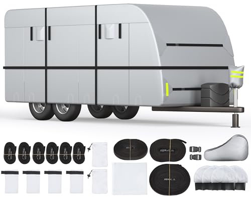 EROMMY Housse de protection pour caravane 300D résistant aux intempéries – 480 x 267 x 274 cm – Bâche de caravane et camping-car, résistante à la déchirure, imperméable avec housse pour roue jockey et