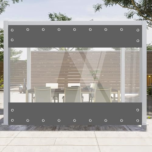 Transparente Plane mit ösen Wasserdicht 420g/m² PVC Abdeckplane Gewebeplane Windschutz Regenschutz für Garten Pavillon Terrassen Balkon (Grau, Höhe 2.4m x Breite 4.5m)