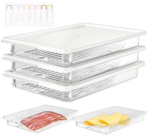 CASDUCT Kühlschrank Organizer, 3 Stück PET Frischhaltedosen mit Deckel, ideal für Wurst und Aufschnittaufbewahrung, stapelbar mit wasserdichten Etikettenaufklebern