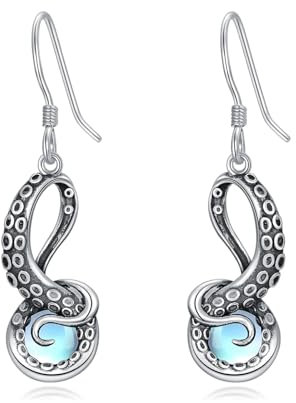 Shusukue Oktopus-Tentakel Ohrringe mit Mondstein, 925 Sterlingsilber Oktopus Ohrhängering für Frauen, Blauer Ozean Schmuck