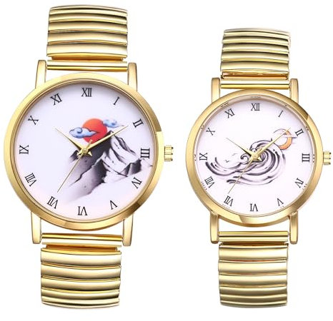 JewelryWe Gold Elastische Uhren für Paare: 2pcs Sonne Mond Berg Meer Analog Quarz Armbanduhr Edelstahl Stretch Armband Römische Ziffern Partner Freundschaft Uhr Valentinstag Pärchen Geschenk