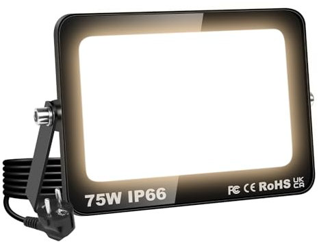 SKYWORLD 75W LED Strahler Außen, 7500LM 3000K Warmweiss LED Fluter Außenstrahler Scheiwerfer mit Stecker, IP66 Wasserdicht Aussenleuchte für Garage, Flur, Garten, Hinterhof, Auffahrt, Türen