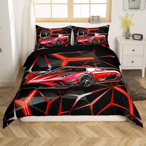 Loussiesd Rot Rennwagen Bettwäsche Set 135x200cm Extremsport Bettbezug Set für Kinder Jungs Mädchen Fast und Furious Betten Set Cool Modern Bettdeckenbezug Schlafzimmer Sammlung 2Stück