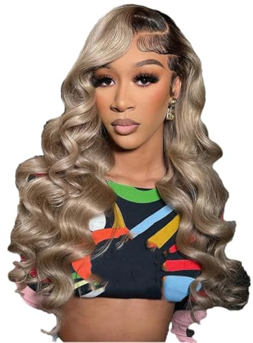 Ombré-Blond, 13 X 4 Zoll, Transparente Lace-Front-Perücke Aus Echthaar, Brauner Ansatz, Gewellt, Aschblond, 5 X 5 Zoll, Vorgezupft