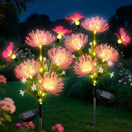Fohil Solarleuchten für Außen Garten,2 Stück 78 LED Solar Blume lampen für Außen Mit Schmetterlingen 2 Modi Wasserdicht Solar Gartenleuchten für Balkon Terrasse Dekoration und Geschenk für Mutter