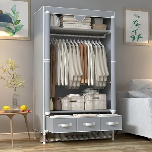 Anmas Power Kleiderschrank,Schlafzimmer Stoffschrank,Kleiderstander mit Schubladen,Faltbar Garderobe mit Kleiderstange