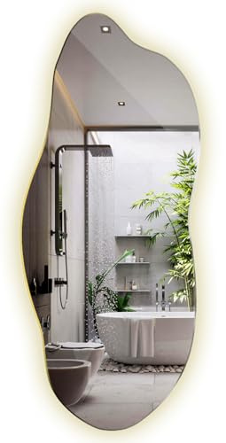 Großer Spiegel mit Beleuchtung LED 45x100 cm Organische Form für Badezimmer Wohnzimmer Vorzimmer Schminkspiegel Asymmetrischer Neutrale Farbe Rahmenlos Minimalistisch Wanddekoration Wellenförmig
