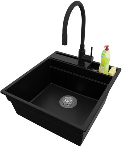 PRIMAGRAN Lavandino da Cucina Nero 48x53cm, Lavello da Cucina a 1 vasca + Rubinetto 40x38cm + Sifone Classico, Lavabo da Cucina Incasso al mobile 50cm - Oslo Pocket