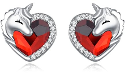 VONALA Einhorn Ohrringe Mädchen 925 Sterling Silber Kristall Herz Ohrstecker Schmuck Geschenke für Damen Kinder (Rot)