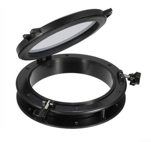 Entgoinggo Round Portlight Boat Porthole 10in Marine Hatch Black Tempered Glass 265mm Waterproof Rubber Seal for Yacht RV Boat Window Replacement