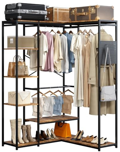 Funshed Kleiderständer, Freistehendes Rustikales Kleiderregal, Kleiderstange L-Typ, Offener Kleiderschrank mit Holzregal, 450KG Belastung Stabile Garderobenständer für Schlafzimmer, 218x200x36CM