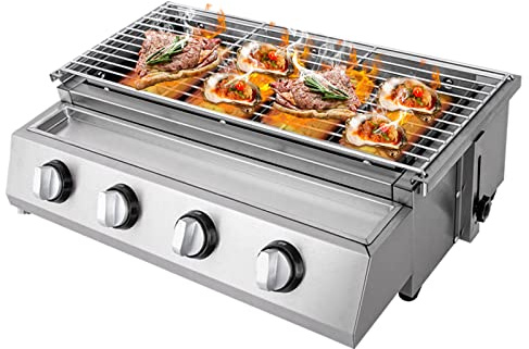 Asador gastronómico de acero inoxidable, 4 fuegos, superficie de cocción de 55,8 x 23,2 cm, parrilla de gas, asador de gas, asador de gas, asador de gas, asador de gas, asador de gas E