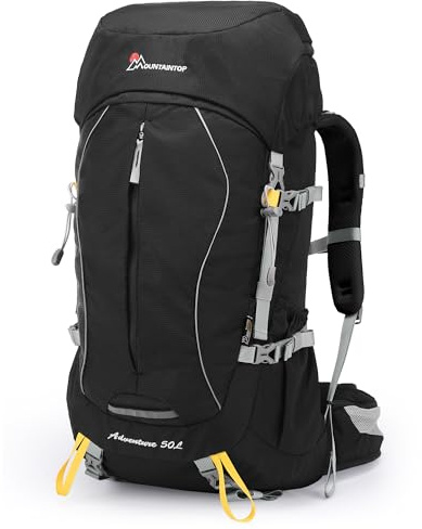 Mountaintop 50L Trekkingrucksack Reiserucksack Damen Herren mit Regenschutz für Trekkingtouren, Auslandsreise,Wanderwoche, 73 x 32 x 21 cm， Schwarz
