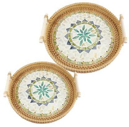 Joyeee Bandejas de mimbre para decoración, paquete de 2 cestas redondas pequeñas de mimbre con asas para almacenamiento, aperitivos, frutas, verduras, juego natural para fiesta en casa, diario, picnic