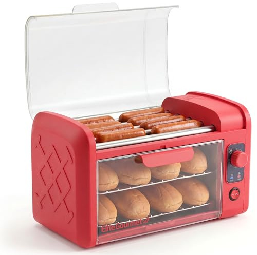 Elite Gourmet 8 Hot Dog Roller & Toaster Oven | 5 Stainless Steel Rollers, 30-Min Timer, Auto Shut-Off, 2 Warming Racks, Bun Warmer, Drip Pan | Cooks Brats, Sausages, Taquitos | Red