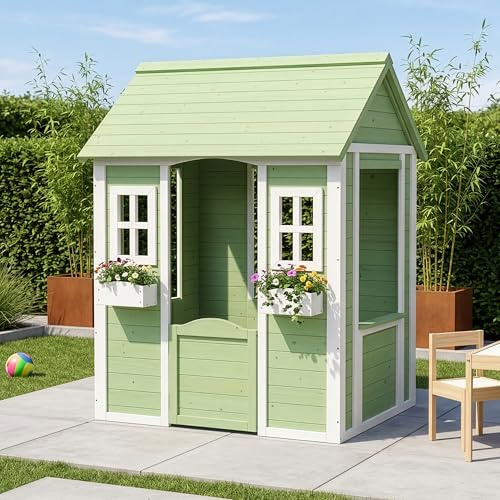 [en.casa] Casita Infantil Kuoldsvin Casa de Niños Exterior con Jardineras Casa de Juegos con Ventanas y Puerta Madera de Abeto 144 x 107 x 90 cm - Verde/Blanco