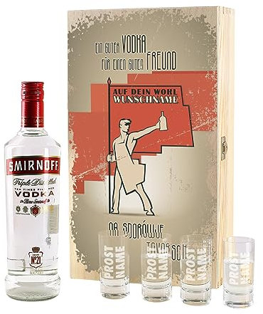 Herz & Heim® Vodka Geschenkset - Na sdorowje - mit Flasche 0,7l und 4 Gläsern in bedruckter Geschenkverpackung mit Ihrem Wunschnamen