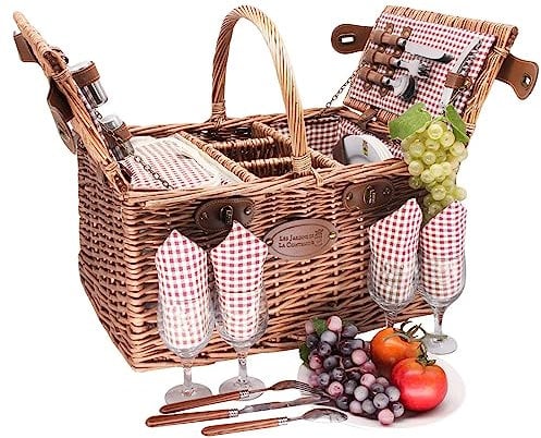 Picknickkorb Saint-Germain rotkariert aus dunkler Weide - Korb mit Fach für eine Flasche - für 4 Personen - Les Jardins de la Comtesse