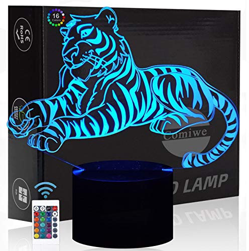 Comiwe Tiger 3D Illusion Nachtlicht Spielzeug,Dekoration LED Nachttischlampe 16 Farben Ändern mit Fernbedienung,Weihnachten Deko Lampe Geburtstagsgeschenk Für Mädchen Jungen Kinder und Freunde