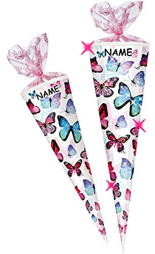 große XL - Schultüte - Schmetterling - bunt - 100 cm - 12 eckig - incl. Name - Organza - Tüllabschluß - Zuckertüte - Nestler - Mädchen - Schmetterlinge rosa p..