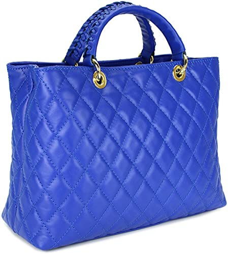Belli edle italienische Echt Nappa Leder Damentasche Henkeltasche Umhängetasche gesteppt in royal blau - 34x25x17 cm (B x H x T)