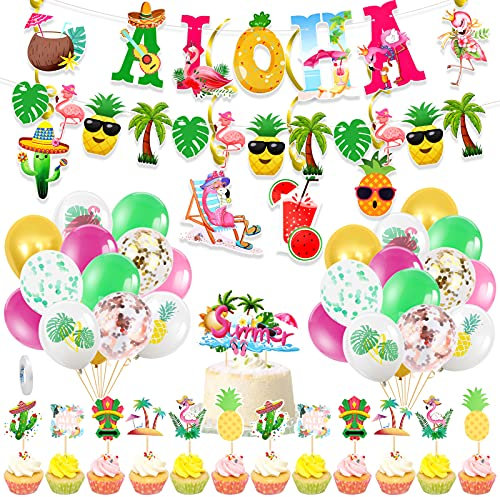 HOWAF 47pcs Hawaii Party Deko Set, Aloha Banner Hawaii Luftballons Tropisch Spiral Girlanden Deko Hawaii Cupcake Topper, Bunter Sommer Tropisch Party Beachparty Deko für Luau Tiki Geburtstag Party