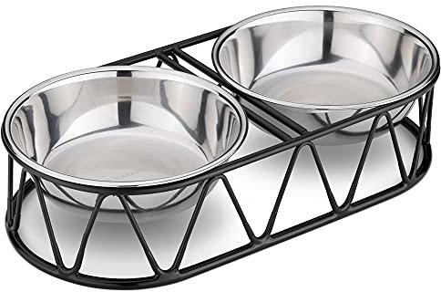 Navaris Gamelle Double Chat Chien - Lot 2X Bol en INOX avec Support métallique Stable 29 x 14 x 7 cm - Porte-gamelles pour Croquette Eau pâtée