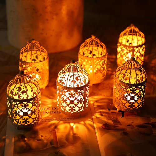 JHY DESIGN 6 Stück Kleine Metallkerzenhalter zum Aufhängen Vogelkäfig Teelichtlaterne Hohle Kerzenhalter für Tisch Hochzeit,Party Valentinstag Terrasse Drinnen und Draußen Geschenke (Weiß)