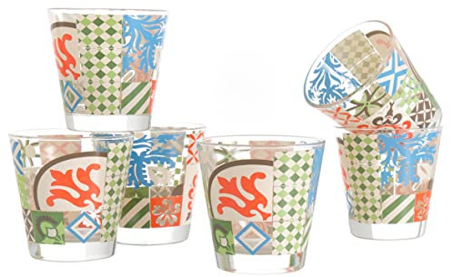 Baroni Home Set 6 verres à Eau avec Décoration Imprimée Colorée, Verres Colorés MADE IN ITALY, Verres Lavables au Lave-Vaisselle, 25 CL, Fantaisie Cementine